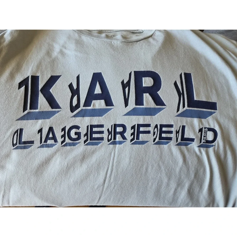 Karl Lagerfeld T-Shirt Size L Light Blue Graphic Crew Neck Cotton Tee
